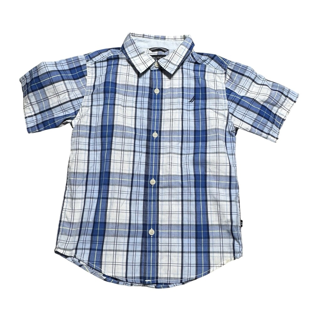 Nautica Boys Blue White Plaid Short Sleeve Button Down Shirt Size XL 7